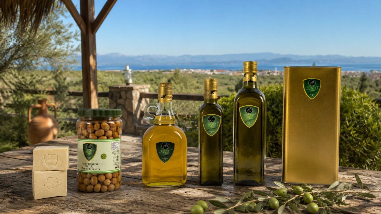 Ve Zeytin Güre ürün ailesi: 5 litre teneke, cam şişeler, sürahi, çizik yeşil zeytin ve zeytinyağı sabunu